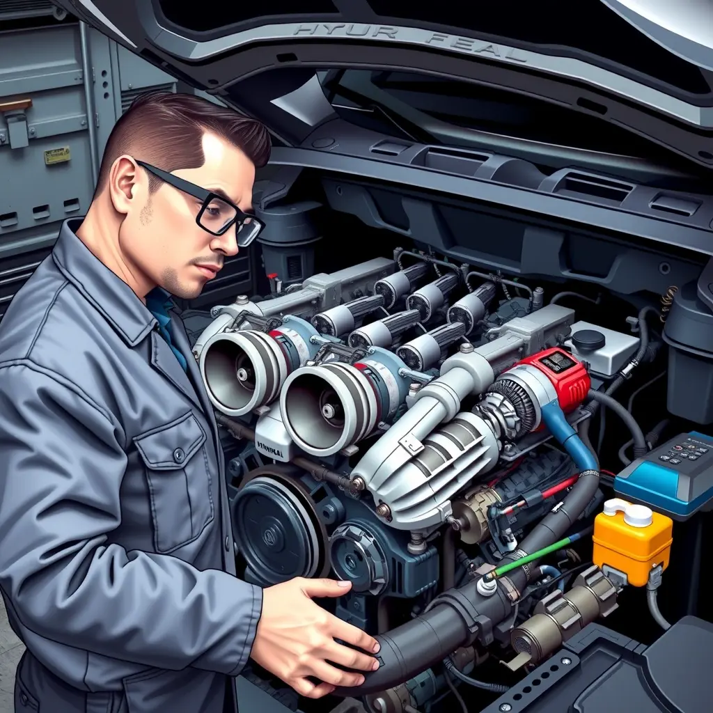 A detailed, high-resolution illustration of a mechanic performing a major engine overhaul on a Hyundai Tucson 1.6 Hybrid 230 hp. The scene shows the engine block opened, with visible pistons, turbocharger, hybrid battery components, and specialized tools such as torque wrenches and diagnostic equipment. The mechanic, wearing a clean uniform and safety glasses, is focused on the engine, with a well-lit garage environment and realistic metal textures.