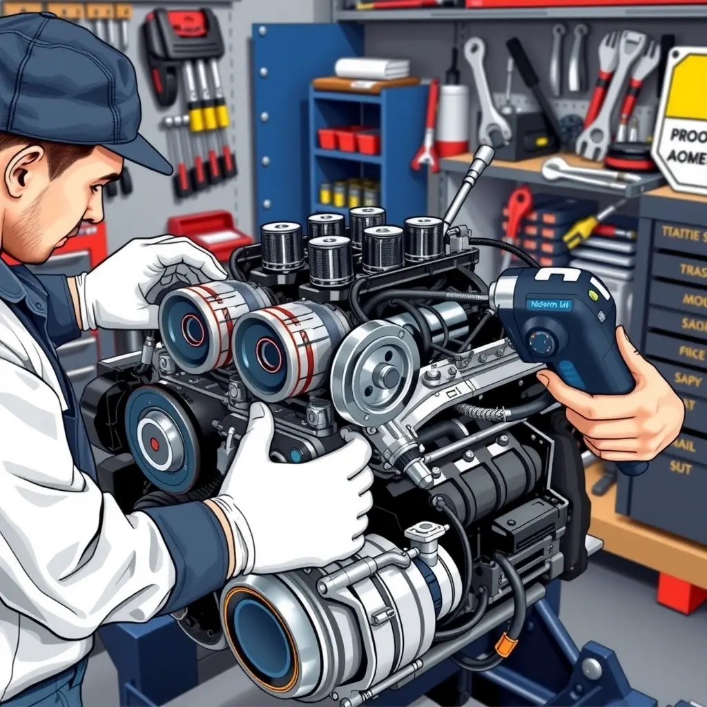 A detailed, high-resolution illustration of a mechanic performing a repair on a Ford Bronco 2.3 EcoBoost 275 hp engine (2021 model). The engine is partially disassembled, showing pistons, turbocharger, and wiring. The mechanic, wearing a clean work uniform and gloves, uses professional tools like a torque wrench and diagnostic scanner. The workshop background is tidy with organized tool racks, but no logos or signage. Emphasize realistic metal textures, oil stains, and the precise mechanical components, captured in a crisp, HD-HQ style.