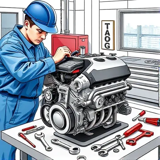 A detailed, realistic illustration of a mechanic repairing the 1.2 PureTech 130 hp engine of a 2018 Citroën Berlingo. The scene shows the engine block exposed on a workbench, with a variety of automotive tools such as wrenches, screwdrivers, and a torque wrench arranged neatly. The mechanic, wearing a blue coverall and a safety helmet, is carefully tightening a bolt on the engine. The background includes a garage setting with a metal workbench, a toolbox, and a window with a subtle view of a cityscape. The lighting is bright and focused on the engine, highlighting the metallic surfaces and the fine details of the engine components. The overall composition is clean, professional, and emphasizes the technical precision of engine repair.