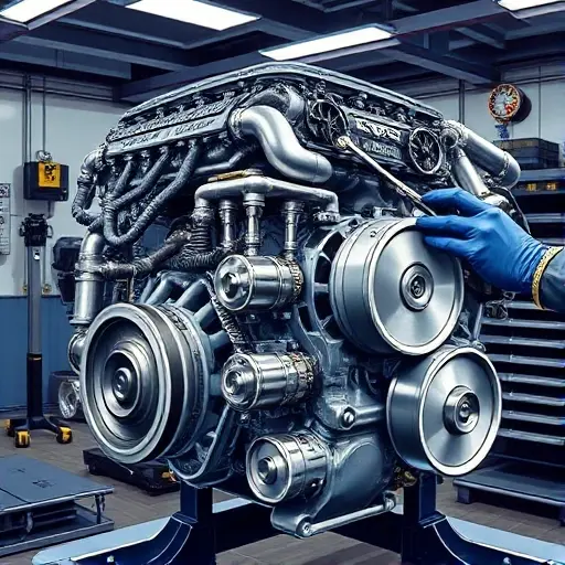 A realistic, high-detail illustration of a Bentley Flying Spur 4.0 L V8 engine being completely overhauled in a professional garage. Show the engine block, pistons, crankshaft, and other components with precision tools and a mechanic's gloved hands working on them. Emphasize polished metal surfaces, clean workshop lighting, and a luxurious, high‑end atmosphere without any text or branding.