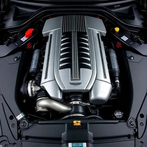 A detailed, high-quality image of the engine bay of an Aston Martin DB11 5.2L V12 Twin Turbo. Focus on the engine itself, showcasing the intricate details of the V12 engine, turbochargers, and other components. The engine should be well-lit, highlighting its metallic surfaces and complex design.