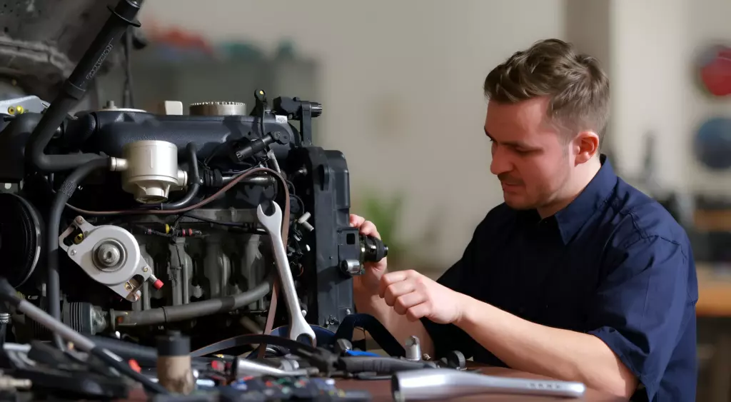 A realistic, high-resolution horizontal photograph of a skilled mechanic in a well-lit automotive repair shop, carefully disassembling and inspecting a car engine. The scene includes a variety of tools (wrenches, screwdrivers, torque wrench) neatly arranged on a workbench, engine parts such as pistons, crankshaft, and timing belt visible, and a clean, organized workspace with a subtle background of other automotive equipment. The focus is on the meticulous repair process, showcasing the mechanic’s concentration and the intricate details of the engine components.