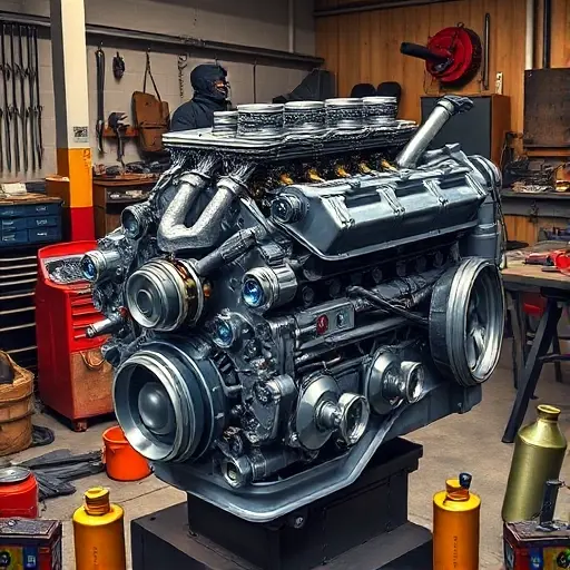 A detailed, realistic illustration of a BMW M3 E36 3.0 L engine mid‑overhaul in a workshop: the engine block opened, pistons, camshaft, crankshaft, and valve train visible, with mechanic hands holding wrenches and sockets, surrounded by scattered tools and oil cans, warm lighting highlighting metal surfaces, no text or logos