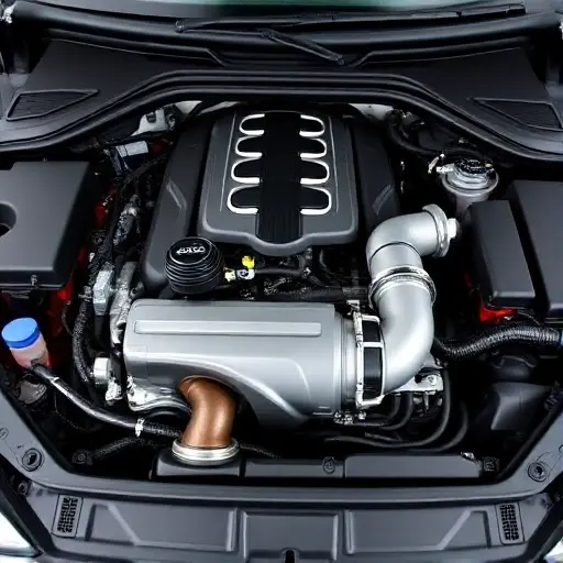 A detailed, high-quality image of an Audi Q8 3.0 V6 TDI 231 hp (2018-present) engine bay. Focus on the engine components, highlighting the turbocharger, exhaust manifold, and other key parts. The engine should be well-lit, showcasing its mechanical details.