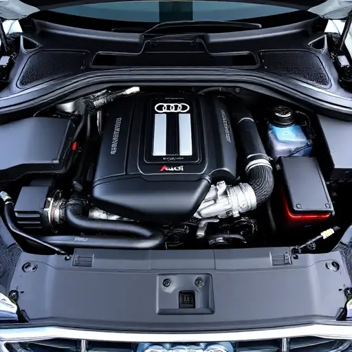 A detailed, high-quality image of the engine bay of a 2020 Audi SQ7 4.0 V8 TFSI. Focus on the engine components, highlighting the V8 engine, turbocharger, and other mechanical parts. The engine should be clean and well-maintained.