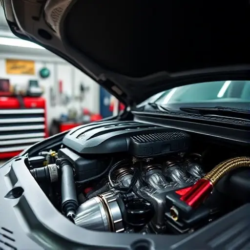 A detailed close-up of a Buick Envision 2.0T engine under a mechanic's hood, showing the engine block, pistons, and a set of tools like a torque wrench and a screwdriver. The scene is set in a garage with a workbench, a bright overhead light, and a neatly organized toolbox. The focus is on the mechanical parts, with realistic lighting and texture, no visible text or digits.