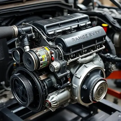 A detailed, high-quality image of a Range Rover 3.0 I6 MHEV 400 hp engine undergoing a major repair. The engine should be prominently displayed, showcasing its complex components and modern design. Focus on the mechanics and tools involved in the repair process.