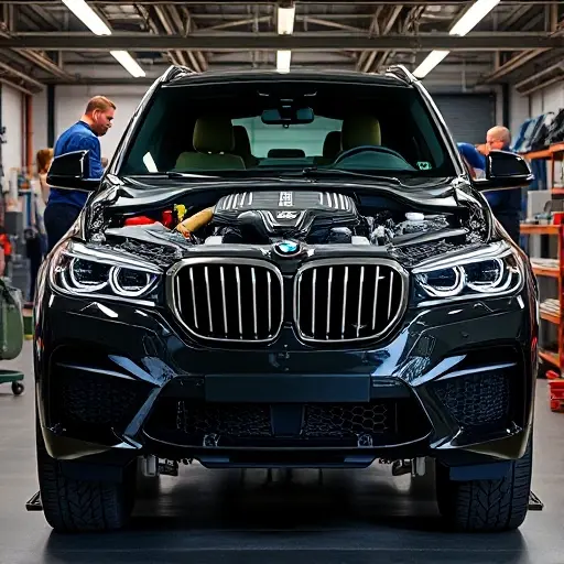 A high-performance BMW X5M SUV with a 4.4L V8 engine producing 600 horsepower, undergoing a major engine overhaul in a professional workshop, showing detailed engine components, tools, and mechanics at work, realistic lighting and textures