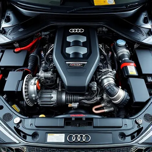A detailed, high-quality image of a fully restored Audi RS Q8 4.0 V8 TFSI 600 hp engine bay. Focus on the engine components, showcasing the intricate details of the engine, turbochargers, and exhaust system. The engine should be clean and well-maintained, reflecting the quality of the repair. The lighting should be realistic, highlighting the metallic surfaces and engine components.