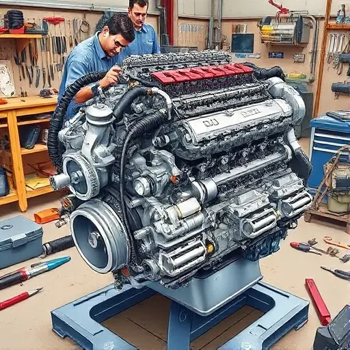 A detailed illustration of a Citroën C3 1.2 PureTech 82 hp engine undergoing a major repair. The engine should be shown with visible components, tools, and technicians working on it. Focus on the engine block, cylinder head, and associated parts. The scene should depict a workshop environment with tools and equipment scattered around.