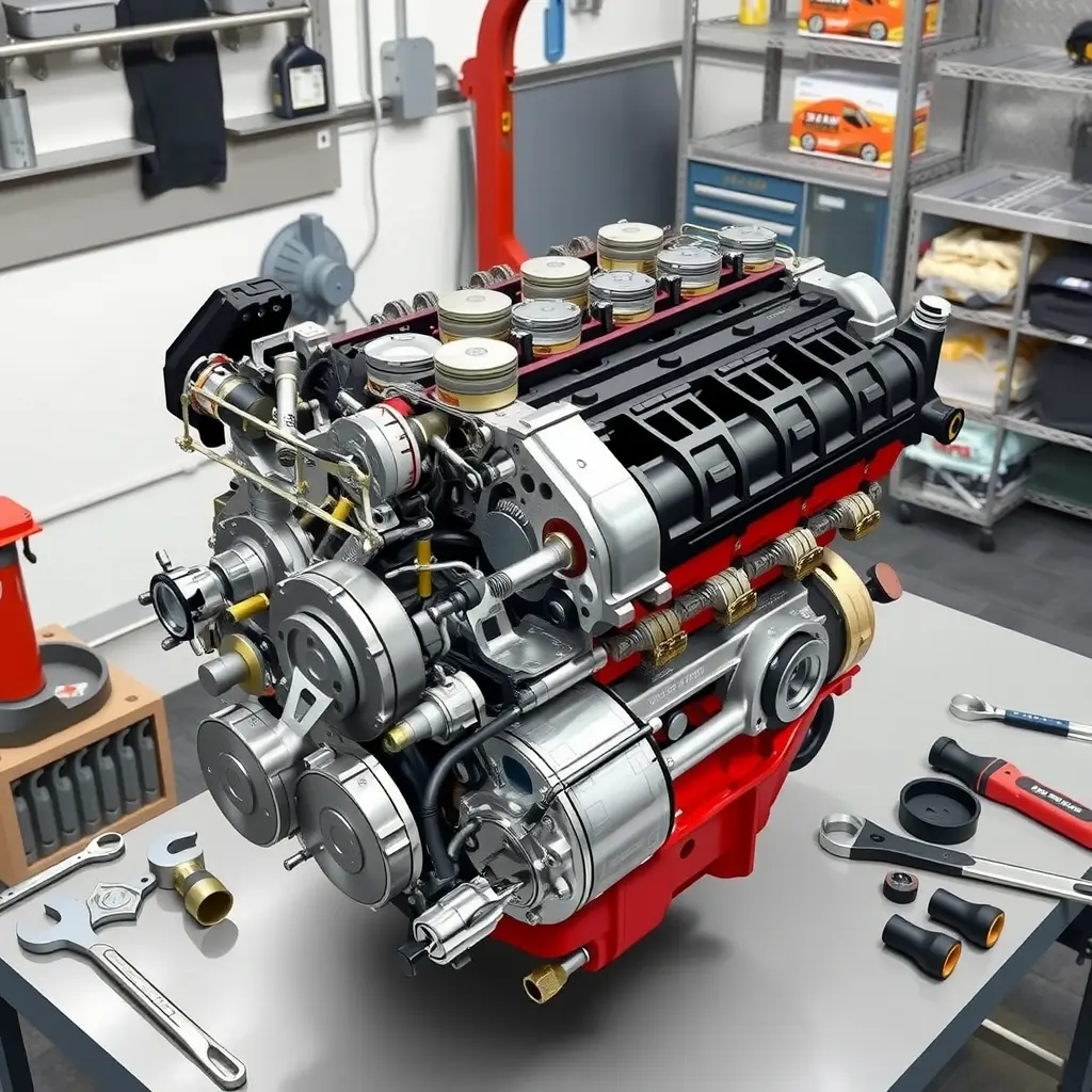 A detailed, high-resolution illustration of a Geo Prizm 1.8 L engine from 1993‑1997 undergoing a complete overhaul in a workshop. The engine is partially disassembled, showing pistons, crankshaft, camshaft, valves, and other components spread out on a clean workbench with tools such as wrenches, sockets, and a torque wrench. The background is a well-lit garage with metal shelves and a floor mat, emphasizing the mechanical process without any text or branding.