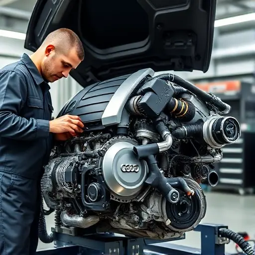 A detailed, realistic image of a mechanic working on the engine of an Audi A8 4.0 V8 TFSI. The engine should be prominently displayed, showcasing its components. The mechanic should be wearing professional attire and using specialized tools. The background should be a clean, well-lit automotive repair shop. Focus on the engine's complexity and the precision of the repair process.