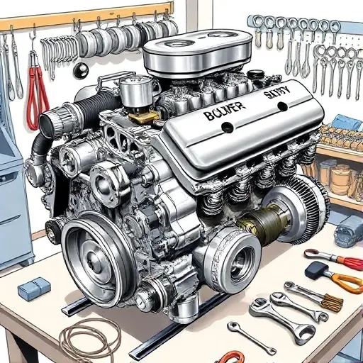 A detailed illustration of a Bowler Bulldog 5.0 V8 Supercharged engine undergoing a comprehensive overhaul, showing disassembled components, polished metal parts, fresh gaskets, and tools arranged neatly on a clean workbench, with a focus on mechanical precision and realistic textures