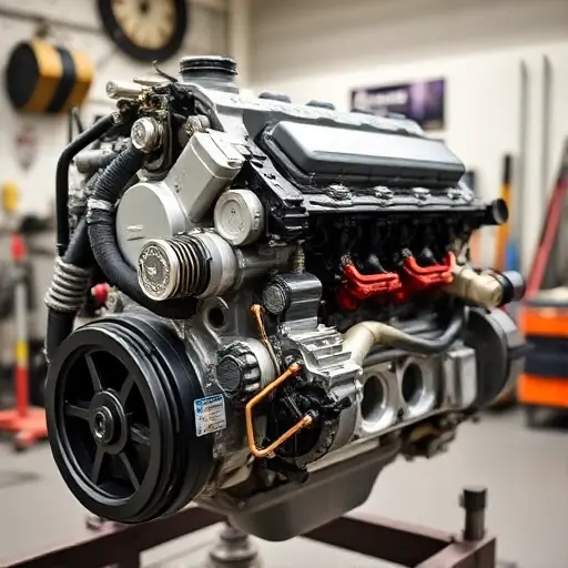 A detailed, high-quality image of a Cadillac ATS 3.6 V6 engine undergoing a major repair. The engine should be partially disassembled, revealing intricate components. Focus on the engine block, cylinder head, and visible parts of the internal mechanisms. The background should be a clean, well-lit workshop environment with tools and equipment subtly visible.