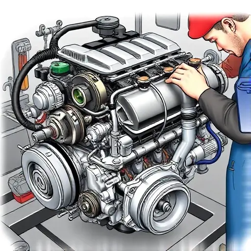 A detailed illustration of a Volkswagen Aaglander Duke 1.9 TDI engine undergoing repair. Focus on the engine block, visible components like the turbocharger, fuel injection system, and exhaust manifold. Tools such as wrenches, screwdrivers, and diagnostic equipment should be present. The scene should depict a mechanic working on the engine in a garage setting.