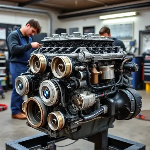 A detailed view of a BMW 3 Series E36 1.6L engine undergoing a major overhaul in a workshop, showing the engine block open with pistons, crankshaft, and other components exposed, a mechanic in coveralls using tools, and a clean garage background with typical automotive tools and lighting.