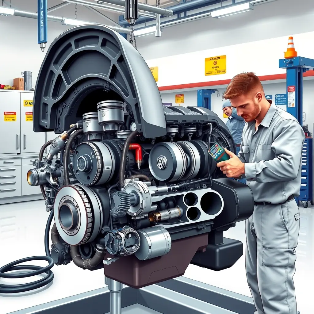 A detailed, high‑resolution illustration of a Volkswagen Passat B5 1.9 TDI engine undergoing a complete overhaul in a clean, well‑lit workshop. The engine block is open, showing pistons, crankshaft, valves, and fuel injection components arranged neatly. A mechanic in a neutral uniform is using professional tools (wrenches, torque wrench, diagnostic scanner) to inspect and replace parts. The background includes organized tool cabinets, a service lift, and safety signs, all rendered in realistic HD‑HQ style without any text or branding.