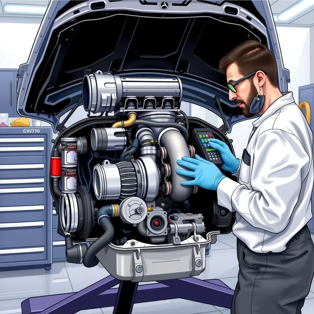 A detailed, high-resolution illustration of a mechanic repairing the 3.5 L V6 turbo engine of a Genesis GV70. The engine block is opened, showing the turbocharger, pistons, and wiring. The mechanic wears a clean jumpsuit, gloves, and safety glasses, using professional tools such as a wrench and diagnostic scanner. The garage background is tidy with tool cabinets and soft lighting that highlights the engine components. The focus is on realistic mechanical details, with no text or logos.