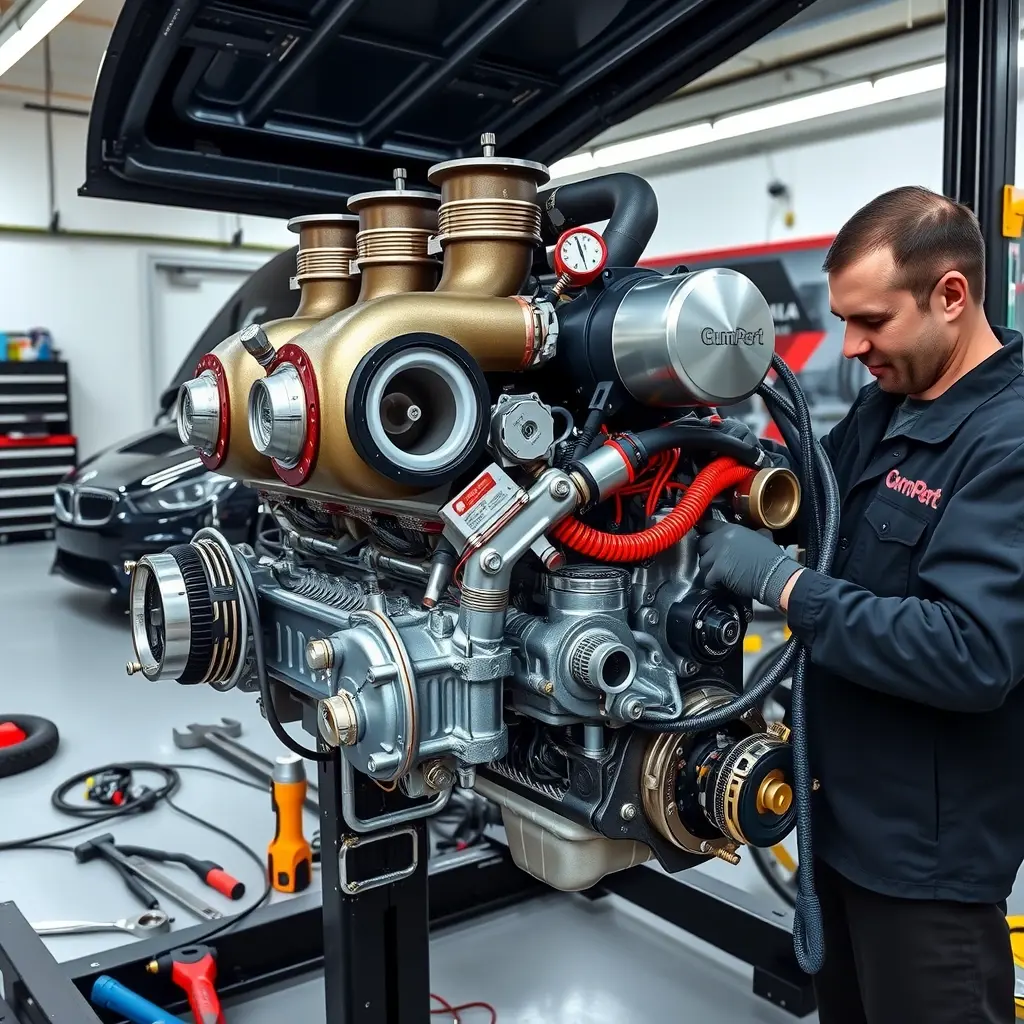 A detailed, high-resolution scene of a professional mechanic in a clean garage working on the 4.2L V8 twin-turbo engine of a 2005 Gumpert Apollo. The engine is prominently displayed on a lift, with turbochargers, pistons, and wiring visible. Tools such as wrenches, diagnostic equipment, and a torque wrench are arranged neatly. The Gumpert Apollo car silhouette can be seen in the background, but the focus remains on the engine repair. The lighting is bright and realistic, emphasizing metal textures and the intricate details of the engine components.