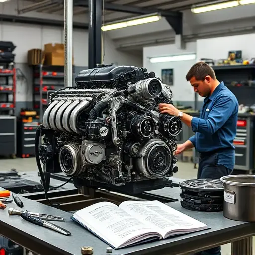 A detailed workshop scene showing a mechanic working on a Brilliance V5 1.6L 118hp engine, with tools, engine block, parts, and a service manual open, all in a clean, well-lit garage environment.