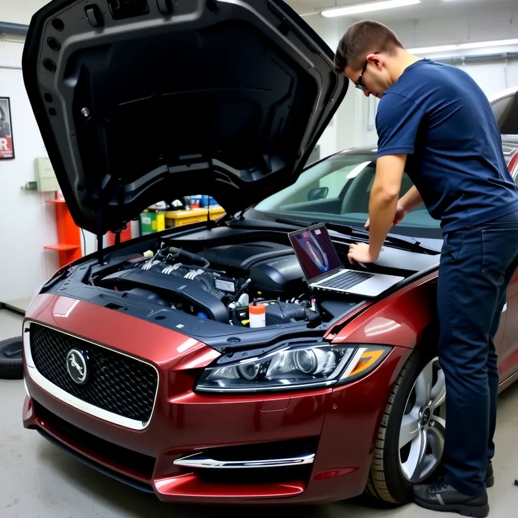 A skilled mechanic in a clean garage, focused on repairing the 2.0 Turbo engine of a Jaguar XF (2015‑present). The open hood reveals the detailed engine components, with diagnostic tools, a torque wrench, and a laptop displaying engine schematics. The Jaguar XF badge is subtly visible on the car body, but no additional branding or text. The scene is realistic, well‑lit, and highlights the precision of the repair work.