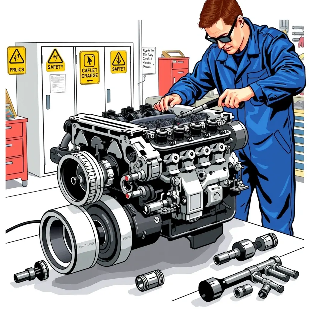 A detailed, high-resolution illustration of a mechanic performing a complete engine overhaul on a Honda Pilot 3.5 V6 285 HP (model year 2016). The scene shows the engine removed from the vehicle on a clean workshop bench, with various engine components such as pistons, crankshaft, camshaft, and valve train laid out neatly. The mechanic, wearing a blue coverall and safety glasses, is using professional tools like a torque wrench and socket set, focusing on the engine block. The background features a well-lit garage environment with tool cabinets and safety signs, but no text or branding on the image.
