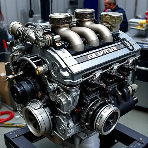 Detailed, high-quality image of an Alpina XD3 3.0 R6 Diesel Quad Turbo engine undergoing a comprehensive overhaul. Focus on the engine block, turbochargers, and intricate mechanical components. Show tools and technicians working around the engine.
