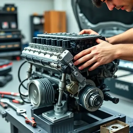 A close-up of a mechanic's hands working on a Daewoo Nexia 1.5L 80hp engine in a clean workshop. The engine block, pistons, valves, and connecting rods are visible, with tools such as wrenches, screwdrivers, and a torque wrench scattered on a workbench. The car hood is open, revealing the engine bay, and a toolbox sits nearby. Realistic lighting highlights the metal surfaces and the mechanic's focused expression, with a shallow depth of field to emphasize the mechanical details.
