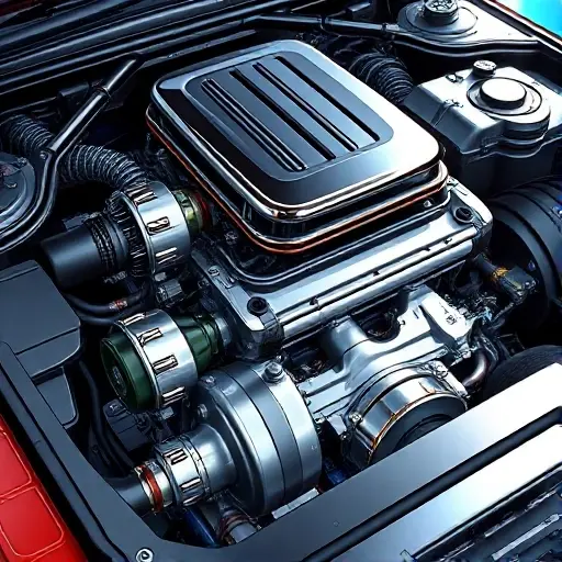 A high-performance engine of a Bowler EXR S 5.0 V8 Supercharged 55, showing detailed mechanical components, polished metal surfaces, and dynamic lighting that conveys power and precision, captured in a clean technical illustration style