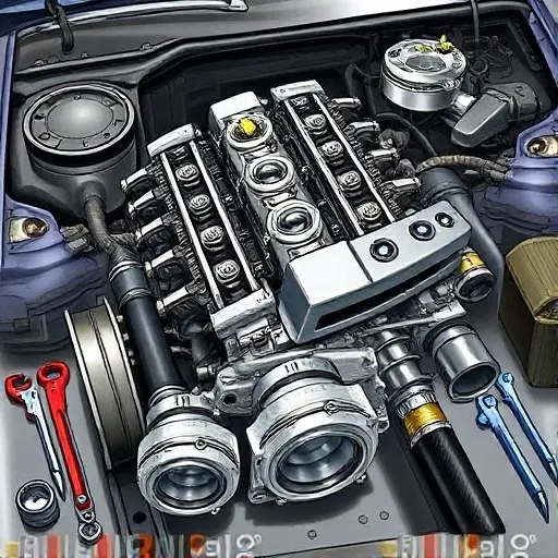 A detailed illustration of a BMW E34 5 Series engine bay showing the 3.5L inline-six M30B35 engine undergoing a major overhaul, with disassembled components like pistons, crankshaft, cylinder head, and valves laid out neatly on a workbench, tools such as torque wrenches and micrometers nearby, soft workshop lighting, realistic textures of metal and grime, no text or labels visible