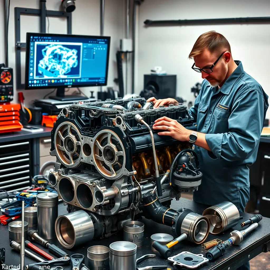 A skilled mechanic in a clean workshop carefully disassembling a high-performance V8 engine, with visible pistons, crankshaft, and valve train components spread on a workbench, surrounded by professional tools and a diagnostic computer screen showing engine schematics, all rendered in realistic detail with dramatic lighting highlighting the metallic surfaces and oil sheen