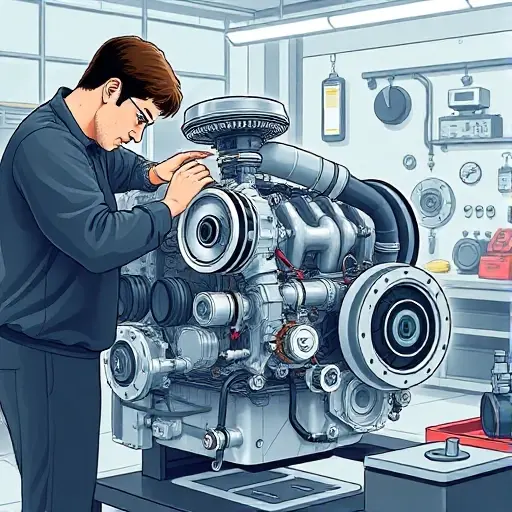 A detailed illustration of a mechanic performing a major overhaul on a Bentley Bentayga V6 3.0 PHEV engine, showing the engine block, pistons, turbocharger, and specialized tools in a clean workshop setting, with realistic lighting and no text or logos