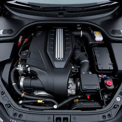 A detailed, high-quality image of the engine bay of a DS 9 PHEV, showcasing the engine components, battery pack, and associated technology. Focus on the intricate details of the engine and the modern design elements of the vehicle.