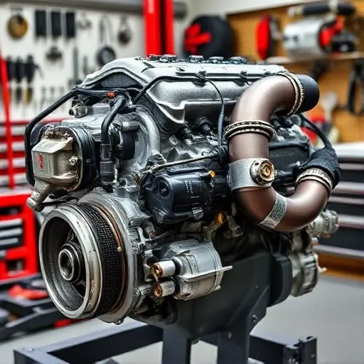 A detailed, high-quality image of a Cadillac CTS 2.0 Turbo engine undergoing a major repair. The engine should be partially disassembled, revealing intricate components. Focus on the engine block, turbocharger, and exhaust manifold. Tools and repair equipment should be visible in the background, suggesting a professional mechanic's workshop. The lighting should be bright and focused on the engine.