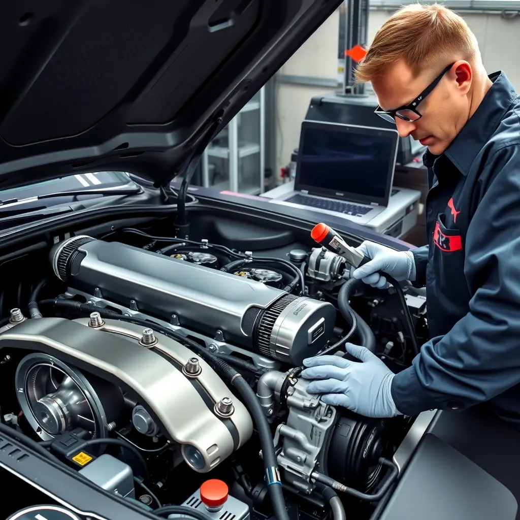 A high-detail, realistic illustration of a Jaguar F-Type 5.0 V8 Supercharged engine being repaired in a professional garage. The engine bay is open, showing the V8 supercharged powerplant with visible pistons, turbocharger, and intricate wiring. A skilled mechanic in clean workwear and safety glasses is using specialized tools to inspect and service the engine, with a diagnostic laptop nearby. The scene is lit with bright, natural garage lighting, emphasizing the metallic surfaces, polished components, and the sleek design of the Jaguar engine. The composition captures the precision and craftsmanship of high-performance engine maintenance.
