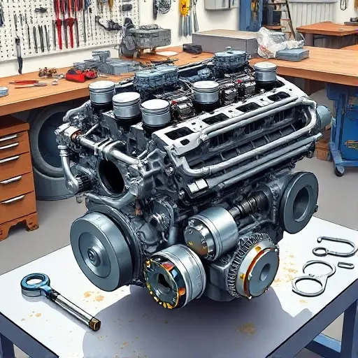 A detailed illustration of a BMW E39 5 Series engine (M52B20 2.0L, 150 hp, 1995–2000) undergoing a major overhaul: disassembled components including pistons, connecting rods, crankshaft, cylinder head, and gaskets laid out on a clean workbench with tools like torque wrenches, micrometers, and engine stands visible in the background; soft workshop lighting, realistic textures of metal and oil stains, no text or labels on parts