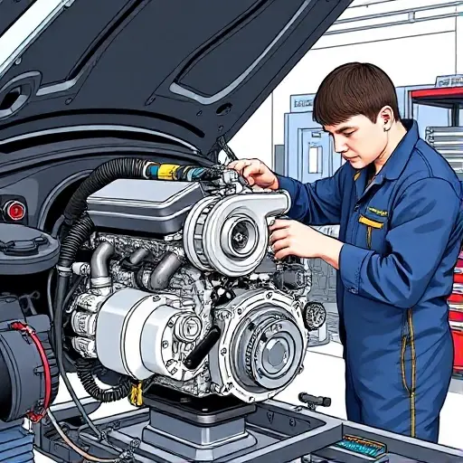 A detailed, realistic illustration of a skilled mechanic repairing the 2.0 Turbo engine of a 2020 Cadillac CT5, featuring the engine block, turbocharger, and various automotive tools in a clean, well-lit workshop setting, with no visible text or lettering