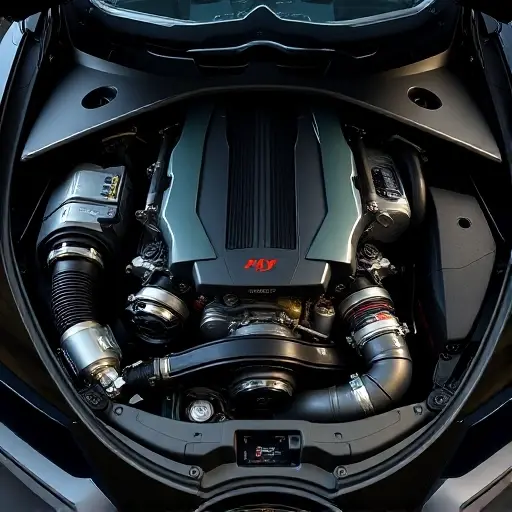 A detailed, high-quality image of the engine bay of a Bugatti Divo 8.0 L W16 Quad Turbo 1. Focus on the engine itself, showcasing the intricate details of the engine components, turbochargers, and exhaust system. The lighting should be realistic, highlighting the metallic surfaces and engine textures.