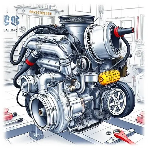 A detailed illustration of a BAIC BJ40 2.0L Turbo engine undergoing a major overhaul. Focus on the engine block, turbocharger, and various components being inspected and repaired. Include tools like wrenches, screwdrivers, and diagnostic equipment. The scene should be in a well-lit workshop environment with visible engine parts and repair tools.