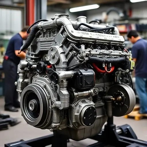 A detailed, high-quality image of a Hummer H3 3.7L R5 242 hp engine undergoing a major overhaul. The engine should be shown with visible components, tools, and technicians working on it in a well-lit workshop. Focus on the engine block, cylinder head, and various parts being inspected or repaired.