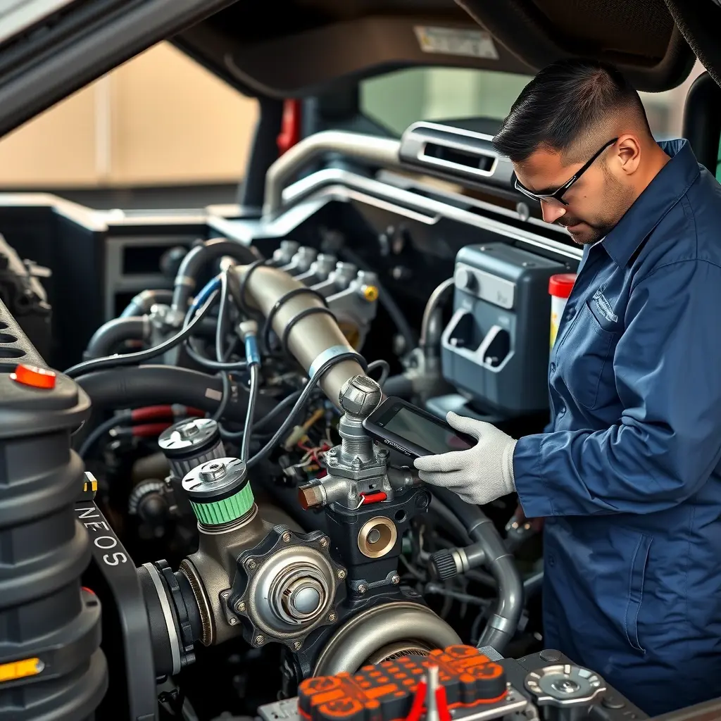 A detailed high-resolution scene of a mechanic repairing the 2.3 L EcoBoost engine of a Ford Ranger (model 2019‑present) inside the vehicle's engine bay. The engine components are exposed, with bolts, fuel injectors, turbocharger and wiring visible. The mechanic wears a clean coverall, gloves, and safety glasses, using a wrench and diagnostic tablet. Bright realistic lighting highlights metallic textures, oil stains, and the rugged interior of the truck. No text, logos, or brand markings are shown.
