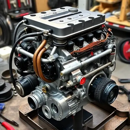 A detailed, high-quality image of a Derways Cowboy 2.0 L 130 hp engine undergoing a major overhaul. The engine should be shown with visible components, tools, and parts scattered around, indicating the repair process. Focus on the engine block, cylinder head, and various mechanical parts.