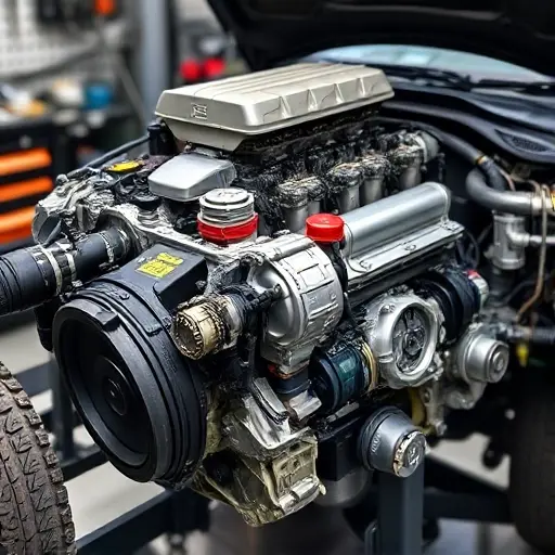 A detailed, high-quality image of a Cupra Formentor PHEV 1.4 TSI with an electric powertrain undergoing engine repair. The engine is partially disassembled, revealing internal components. Focus on the mechanics and the repair process. The car should be in a professional workshop setting with tools and equipment visible in the background.
