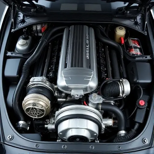 A detailed, high-quality image of the engine bay of a Donkervoort D8 GTO 2.5 TFSI Audi 38. Focus on the engine components, showcasing the intricate details of the engine and its parts. The engine should be well-lit, highlighting the textures and materials.