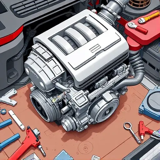 A detailed illustration of a Ford Fiesta 1.0 EcoBoost engine undergoing a major repair. Focus on the engine block, intake manifold, and exhaust system. Show tools and parts scattered around, indicating the repair process. The image should be realistic and show close-ups of specific components being worked on.