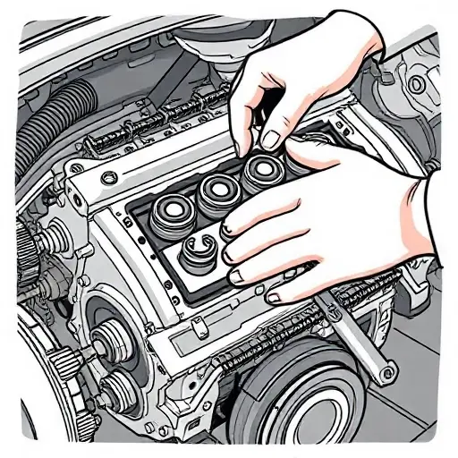 A detailed illustration of a mechanic repairing the 1.5 dCi engine of a Dacia Duster, showing the engine block, pistons, and tools such as wrenches and a torque wrench, with a focus on mechanical precision and cleanliness