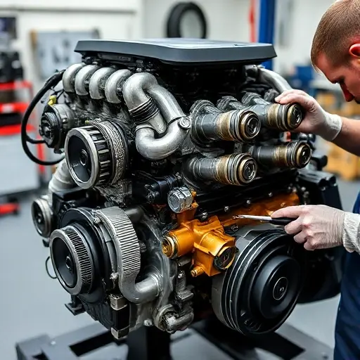 Ремонт двигателя Bugatti Chiron 8.0 L W16 Quad Turbo 1500 л.с. (2016–2024) A detailed close-up of a Bugatti Chiron 8.0 L W16 Quad Turbo engine under repair, showing the engine block, pistons, turbochargers, and a mechanic's hands with tools, in a clean workshop setting, no text or labels
