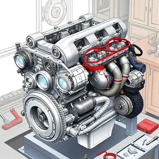 A detailed illustration of a BAIC BJ90 4.0 V8 Twin Turbo engine undergoing a major overhaul. Focus on the engine block, turbochargers, and intricate mechanical components. The scene should depict tools and technicians working on the engine.