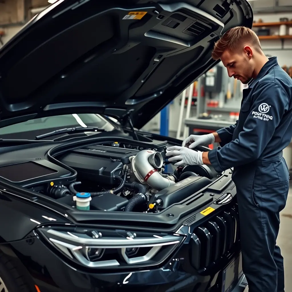A detailed, realistic scene of a mechanic repairing the 1.8 Turbo engine of a Forthing M7 (2018‑present) in a well‑lit garage. The car's hood is open, exposing the engine block, turbocharger, and related components. The mechanic, wearing a clean jumpsuit and gloves, is using professional tools such as wrenches and diagnostic equipment, focusing on the engine. The background shows organized tool racks and a clean workbench, emphasizing a professional automotive repair environment.