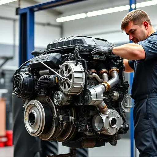 A detailed, realistic depiction of a mechanic working on the engine of an Audi A5 3.0 V6 TDI. The engine should be partially disassembled, showcasing the internal components. Focus on the engine block, turbocharger, and exhaust manifold. The mechanic should be wearing a uniform and using specialized tools. The background should be a clean, well-lit automotive repair shop.
